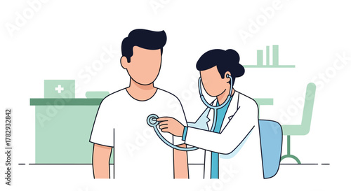 Doctor examining patient with stethoscope in clinic for medical checkup, ensuring health and wellbeing in a caring environment.