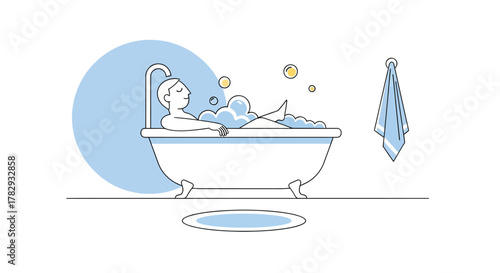 Woman relaxing in bathtub with bubbles in bright bathroom, enjoying a peaceful and serene moment of selfcare at home.