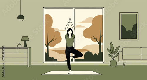 Woman practicing yoga tree pose in living room with large window overlooking autumn landscape, promoting wellness and mindfulness.