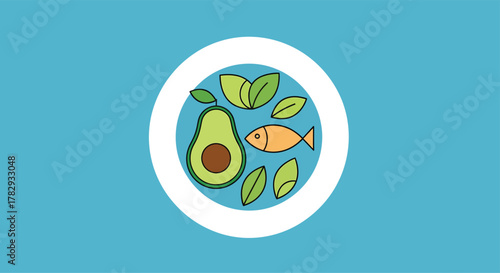 Healthy plate showing avocado, fish, and leafy greens represents balanced diet and mindful eating for wellness and nutrition.