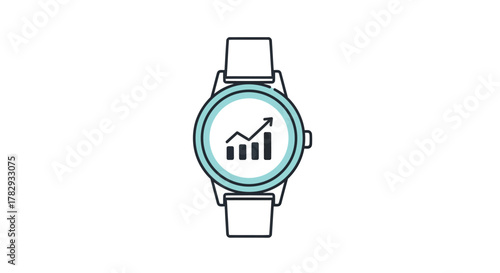 Smartwatch displays upward trending graph, symbolizing growth and progress in business analytics on a clean white surface.