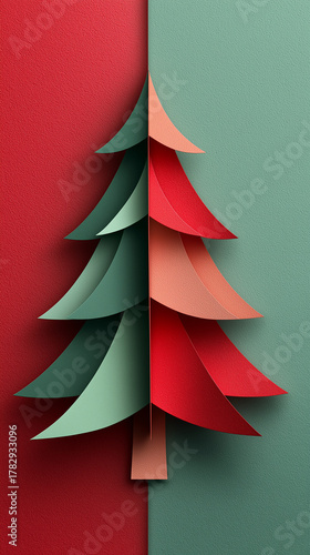 Papercraft christmas tree holiday background with red and green