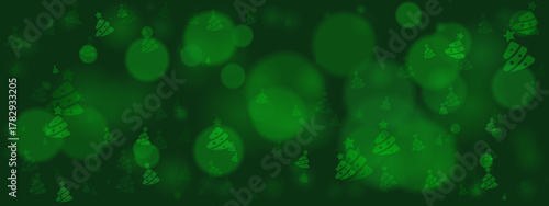 Festive dark green Christmas background with blurry bokeh lights and stylized tree shapes for holiday season designs