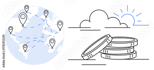 Globe with location points linked by dotted lines, stack of coins, sun rising, clouds. Ideal for finance, business, globalization, networking, investments innovation sustainable growth themes