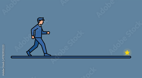 Man walks along a narrow path towards a shining star, symbolizing ambition and the pursuit of dreams in a minimalist style.