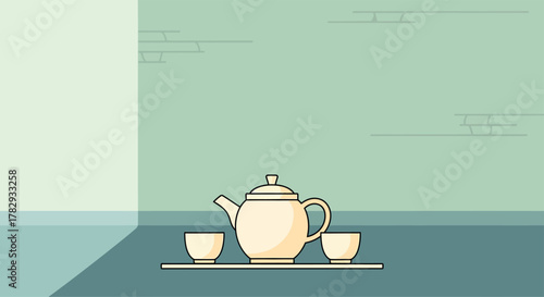 Ceramic teapot and teacups sit on a shelf against a pale green wall in a minimalist, serene composition, evoking a sense of calm and tranquility.