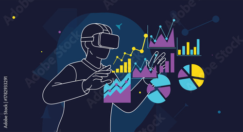 Person wearing VR headset interacts with data visualizations in a futuristic office environment, exploring complex information with immersive technology and modern innovation.