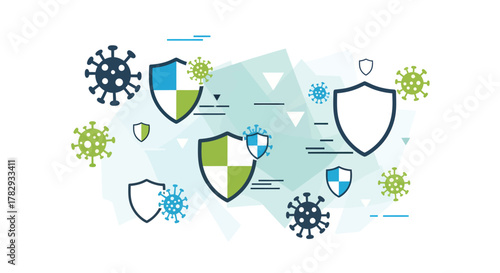 Shields protect against viruses in abstract geometric space, representing defense and immunity with a clean, modern aesthetic.