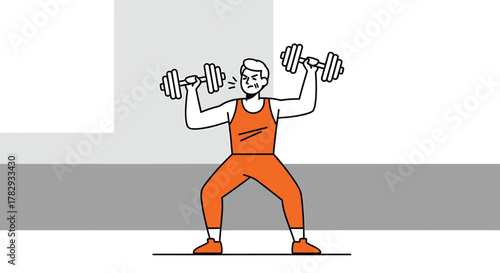 Determined man lifting dumbbells during intense workout session at the gym, focusing on strength training and fitness, showcasing dedication and effort.
