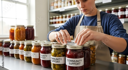 Young Woman Packing Jars of Preserved Fruits in Store Shelves in Community Support Food Bank