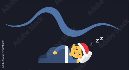 Man sleeping soundly under a dream wave wearing a santa hat on a dark blue backdrop, representing peaceful rest and holiday cheer.