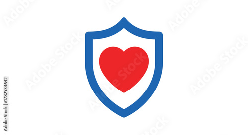 Red heart rests inside a blue shield symbolizing protection and care for health and wellbeing, conveying a sense of security and safety.