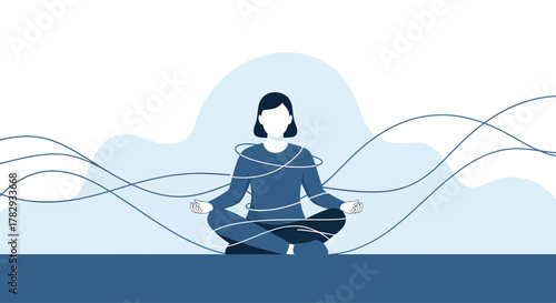 Woman meditates in lotus position while entangled in strings, representing mental stress and the need for mindfulness and inner peace in a calming blue tone.
