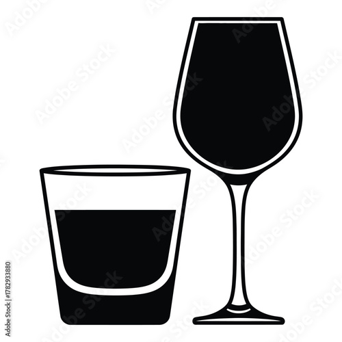 Elegant Wine Glass and Shot Glass Silhouette Illustration on White Backdrop