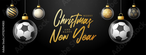 Football soccer Christmas and New Year greeting banner. Merry Christmas golden greeting card with glass xmas ball as a bauble on black background. Vector illustration sport modern banner