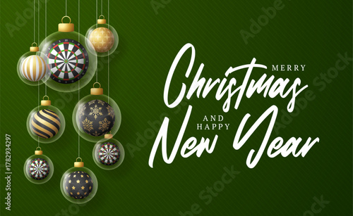 Dart Christmas and New Year greeting banner. Merry Christmas golden greeting card with glass xmas ball as a bauble on green background. Vector illustration sport modern banner