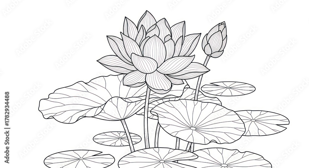 Obraz premium Elegant line art of lotus flowers and leaves on a white background