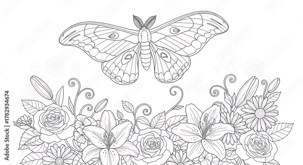 Fototapeta premium Elegant moth and floral arrangement design in black and white illustration