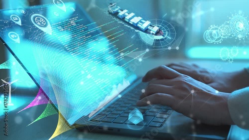 Hands typing on laptop with futuristic Big data cargo container ship showing global shipping logistics, AI integration, and big data analytics in smart supply chain and maritime transportation.