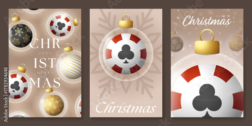 Casino poker Christmas and New Year greeting banner set. Merry Christmas golden greeting card with glass xmas ball as a bauble collection. Vector illustration sport modern banner