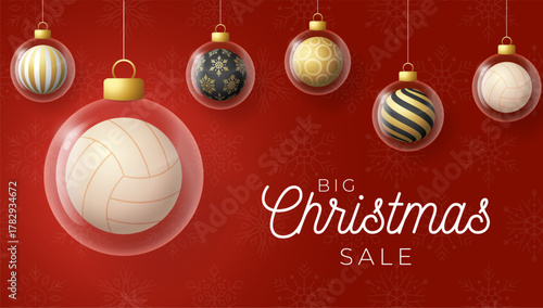 volleyball Christmas and New Year greeting banner. Merry Christmas golden greeting card with glass xmas ball as a bauble on red background. Vector illustration sport modern banner