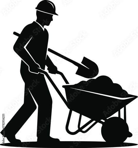Silhouette of a construction worker pushing a loaded wheelbarrow with a shovel, against a clean white background.