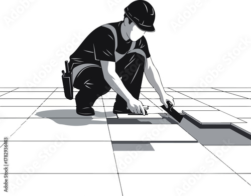 A construction worker in a crouched position laying tiles on a grid-patterned floor with a trowel and tool belt, against a clean white background with a monochromatic color scheme.