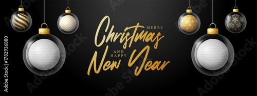 Golf Christmas and New Year greeting banner. Merry Christmas golden greeting card with glass xmas ball as a bauble on black background. Vector illustration sport modern banner