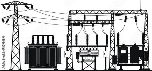 Electrical substation silhouette, high voltage transmission lines and towers, vector illustration of 