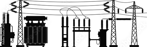 Electrical substation silhouette, high voltage transmission towers and power lines, vector 