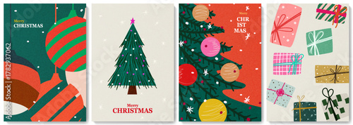 A collection of hand-drawn Merry Christmas and New Year 2026 greeting cards in a modern cartoon style. Vector art banner with a Christmas tree, toy balls, and gift boxes.
