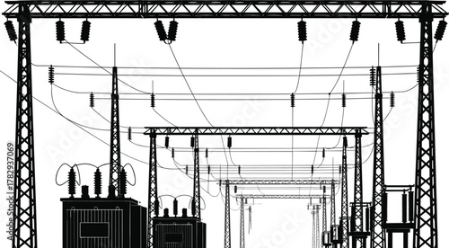 Electrical substation silhouette, high voltage transmission towers, vector illustration of transformers 