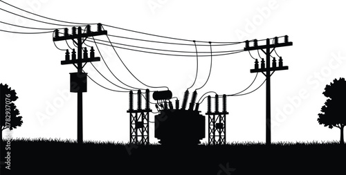 Electrical substation silhouette, power lines and utility poles, vector illustration of transformers and insulators, 