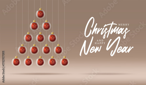 Bowling Christmas tree and New Year greeting banner. Merry Christmas golden greeting card with glass xmas ball as a bauble on beige background. Vector illustration sport modern banner