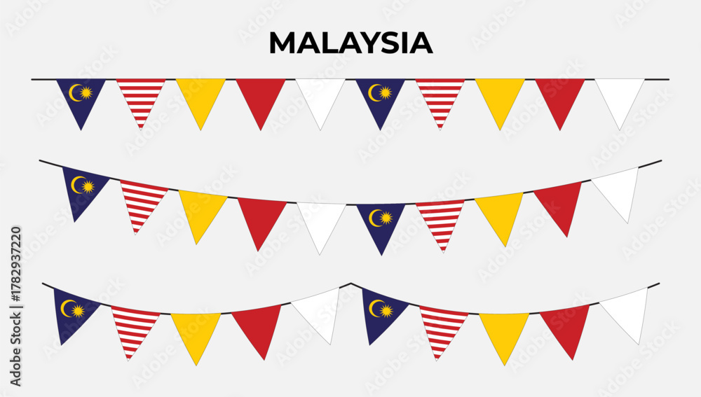 Fototapeta premium Malaysia Flag Triangle Bunting Garland with Colorful Pennants for Merdeka Day, Malaysian Independence Celebration Decoration Elements