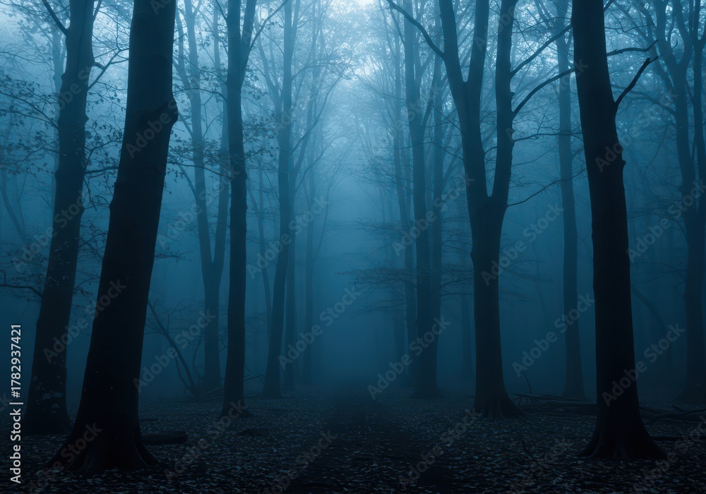 Naklejka premium Deep, atmospheric forest scene drenched in cool blue tones, mist drifting between ancient trunks creating a haunting, soulful mood, serene, deep, eerie