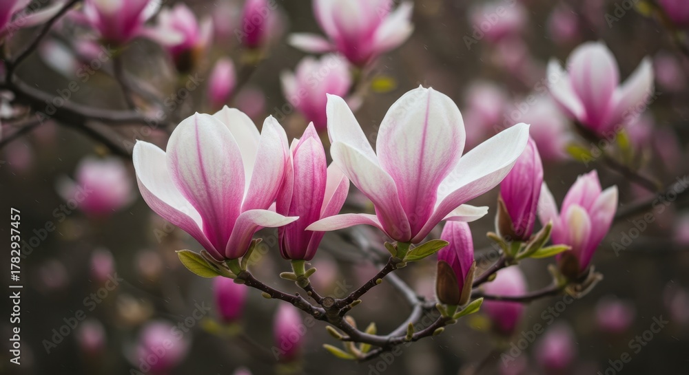 Fototapeta premium Delicate, vibrant pink and white petals of the spectacular magnolia tree announce the arrival of spring. A stunning seasonal burst of color ,branch ,tree ,background