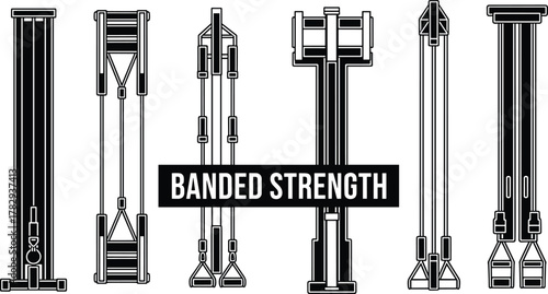 Resistance bands fitness equipment, vector illustration of strength training tools, banded workout gear with handles and loops, exercise silhouette design, gym accessory concept