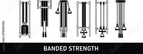 Resistance band setups, strength training vector illustration, fitness workout equipment, exercise bands with handles, home gym accessories, physical therapy tools, muscle building design concept