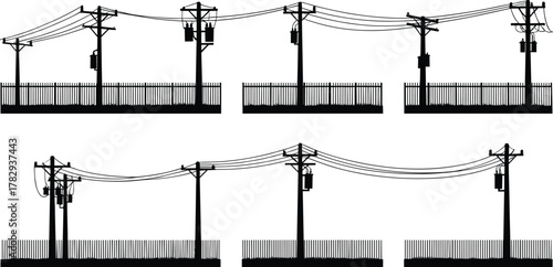 Silhouettes of utility poles with transformers and power lines, vector illustration of electricity distribution infrastructure, urban and rural energy supply systems design