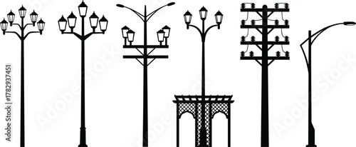 Street lamps and utility poles silhouettes, vector illustration of urban infrastructure, decorative lantern lights and power lines, public lighting design, city infrastructure concept artwork