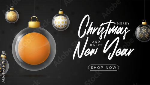 ping pong Christmas and New Year greeting banner. Merry Christmas golden greeting card with glass xmas ball as a bauble on black background. Vector illustration sport modern banner