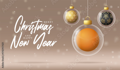 ping pong Christmas and New Year greeting banner. Merry Christmas golden greeting card with glass xmas ball as a bauble on beige background. Vector illustration sport modern banner