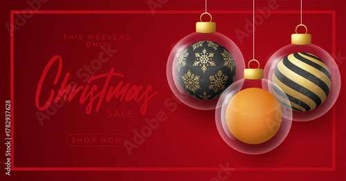 ping pong Christmas and New Year greeting banner. Merry Christmas golden greeting card with glass xmas ball as a bauble on red background. Vector illustration sport modern banner