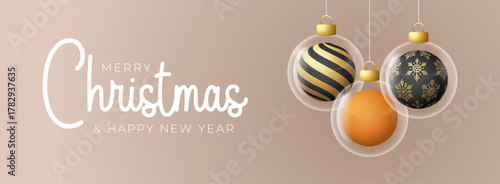 ping pong Christmas and New Year greeting banner. Merry Christmas golden greeting card with glass xmas ball as a bauble on beige background. Vector illustration sport modern banner