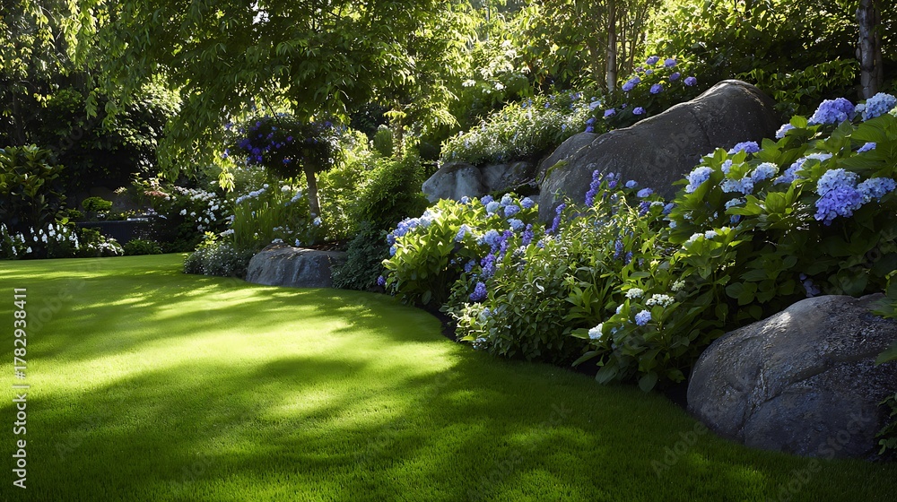 Fototapeta premium Lush Green Lawn with Hydrangeas, Rocks, and Trees in a Garden