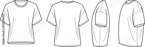 T-shirt technical sketch front back side view, fashion cad drawing, garment vector template, clothing design outline, apparel illustration, cad drawing flat vector illustration