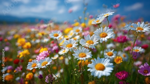 A vibrant field of wildflowers in bloom with daisies in focus, under a blue sky