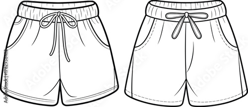 Two shorts technical sketch front view, elastic waistband, drawstring, side pockets, fashion flat, garment design, vector template, cad drawing flat vector illustration