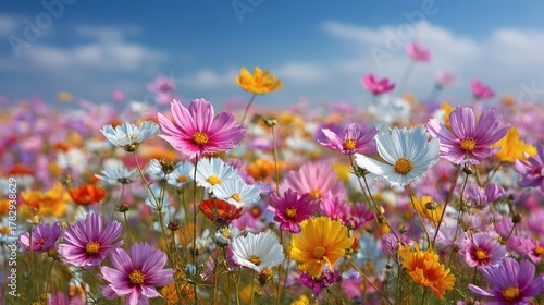 A vibrant field of colorful flowers blooms under a bright blue, slightly clouded sky
